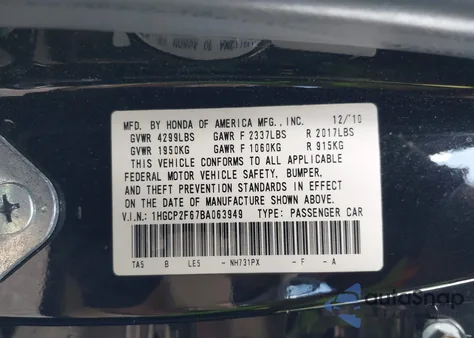 2011 Honda Accord 2.4 Se from USA, damaged, VIN 1HGCP2F67BA063949